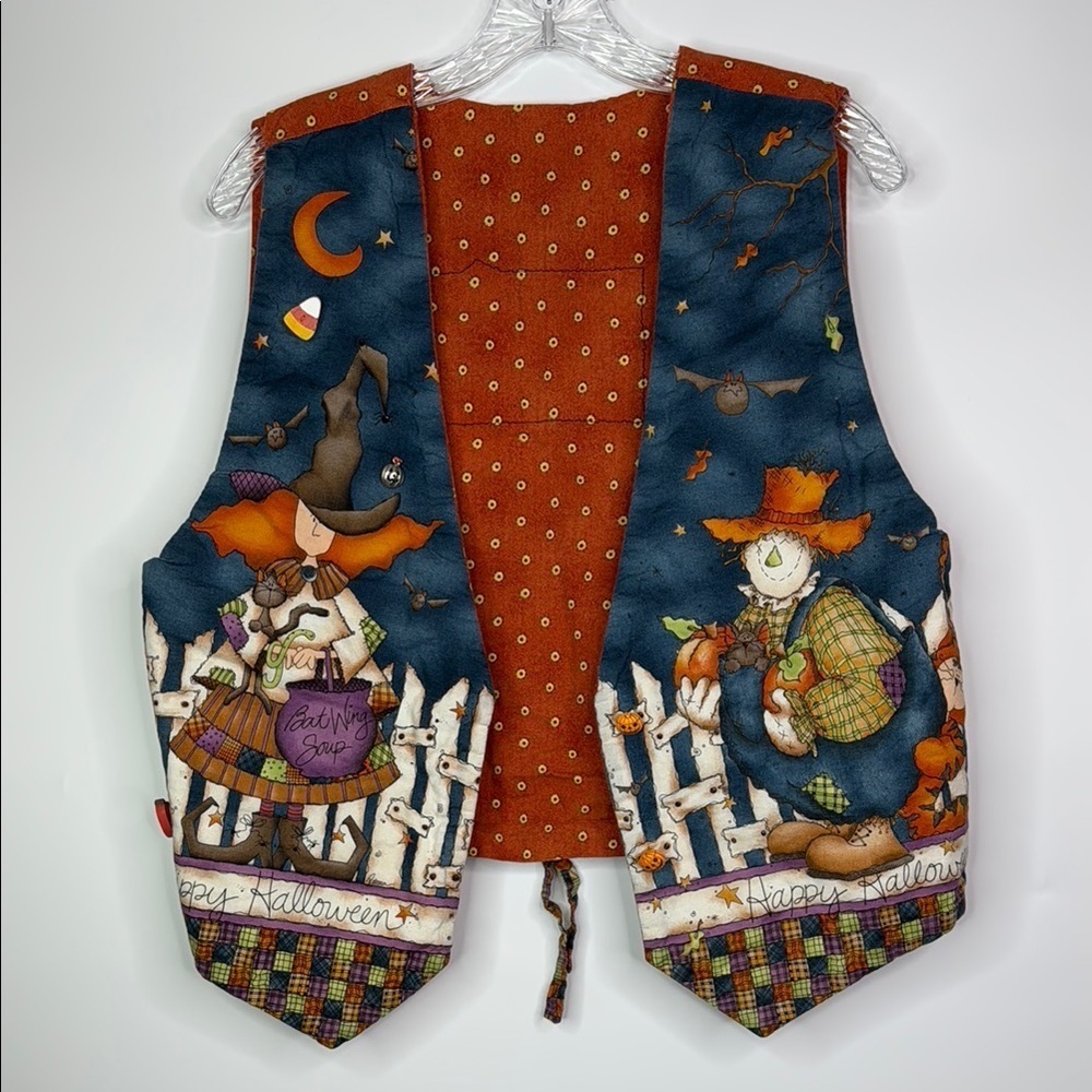 Halloween Pumpkin Witches and Cat Print Open Front Vest Women's M/L